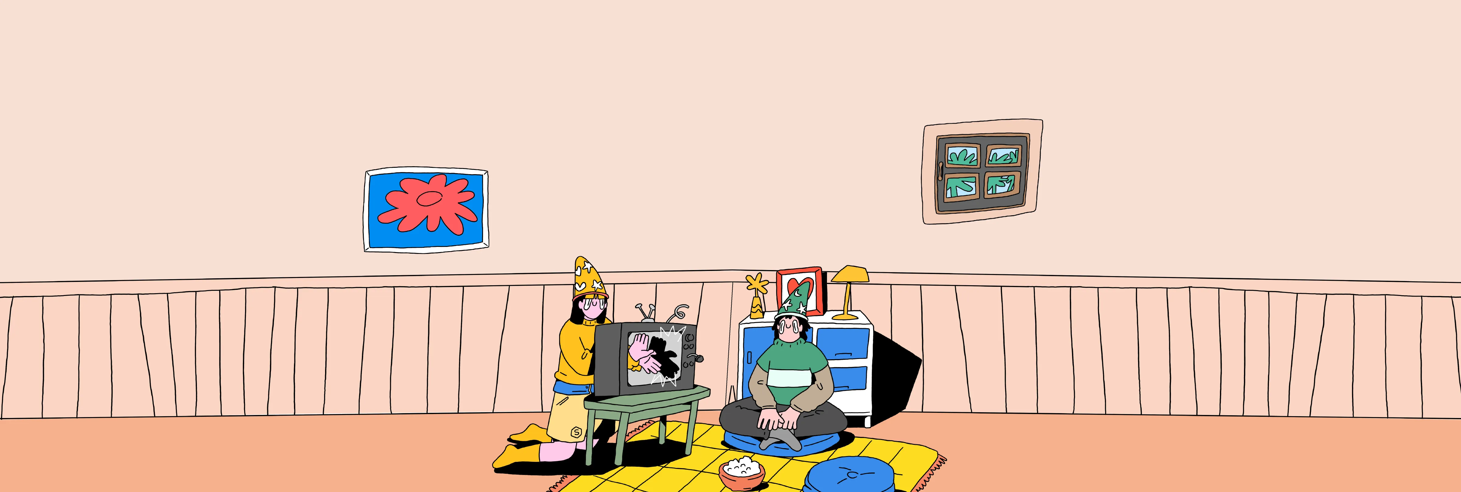 ภาพวาดครอบครัวนั่งดูทีวีด้วยกันในห้องนั่งเล่น